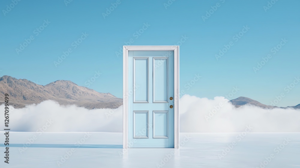 Surreal scene with a solitary door on clouds against mountains, blending imagination and nature. Surreal scene with a solitary door on clouds against mountains, blending imagination and nature.