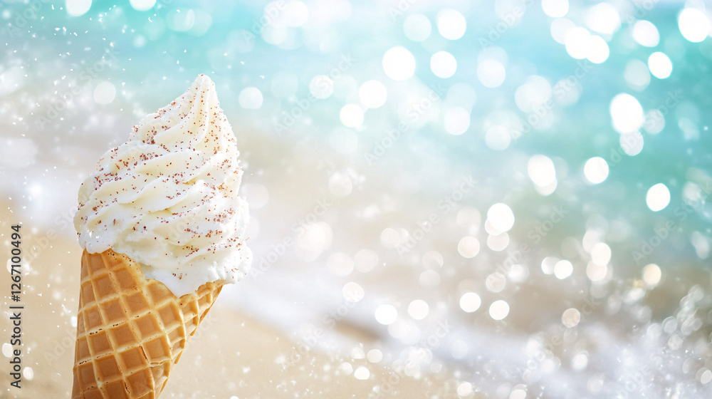 A delicious, cold ice cream cone, a sweet summer vibe with a beach and ocean backdrop. A delicious, cold ice cream cone, a sweet summer vibe with a beach and ocean backdrop.