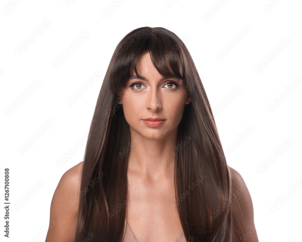 Hair styling. Portrait of beautiful woman with straight long hair on white background Hair styling. Portrait of beautiful woman with straight long hair on white background