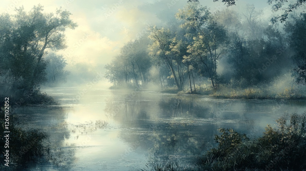 Serene morning on the tranquil lake, where nature whispers secrets Serene morning on the tranquil lake, where nature whispers secrets