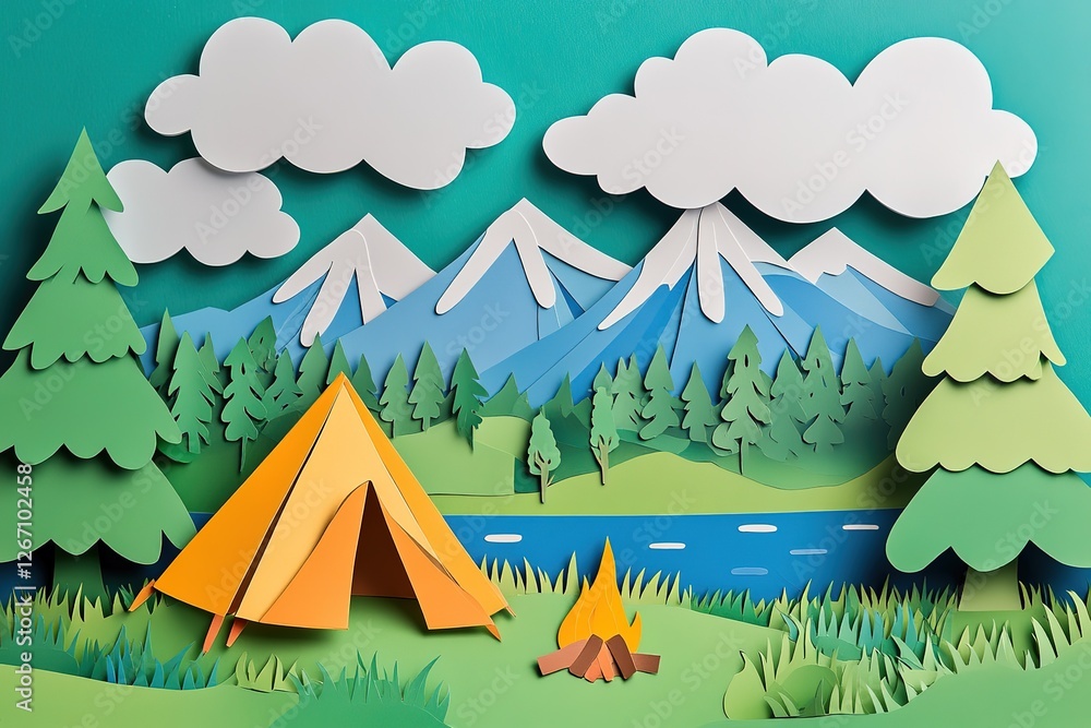 Colorful Paper Cutout Mountain Camping Scene Colorful Paper Cutout Mountain Camping Scene