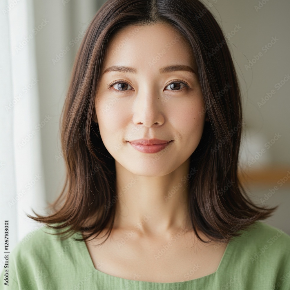 Portrait of a Smiling Woman in Green Shirt with Natural Lighting for Professional Use Portrait of a Smiling Woman in Green Shirt with Natural Lighting for Professional Use