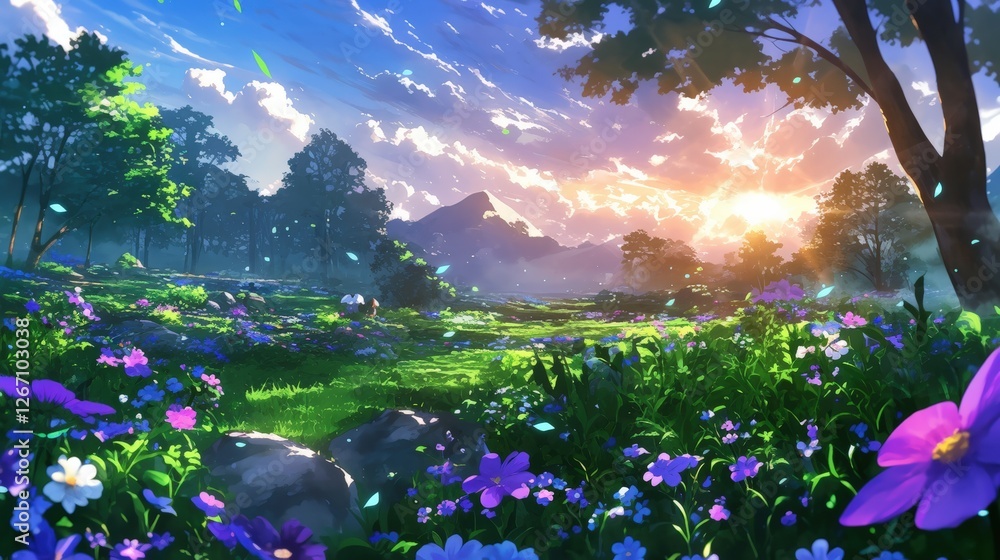 Obraz premium A serene landscape filled with vibrant flowers, lush greenery, and a stunning sunset illuminating the sky and mountains in the background.