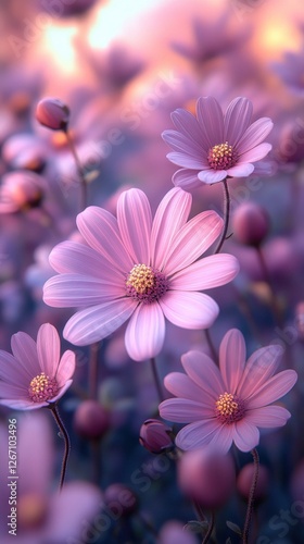 Serene Sunset: A Field of Delicate Pink Flowers