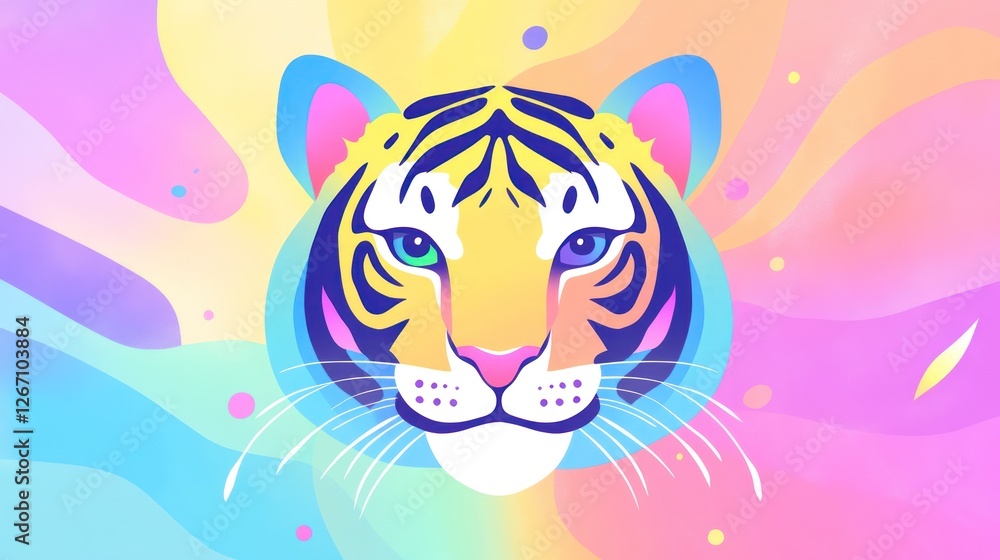 Obraz premium Tiger head on wavy multicolored background as abstract wallpaper