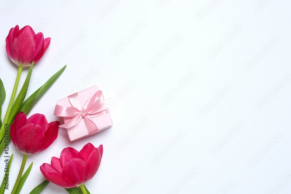 Beautiful fresh tulips with gift box on white background Beautiful fresh tulips with gift box on white background