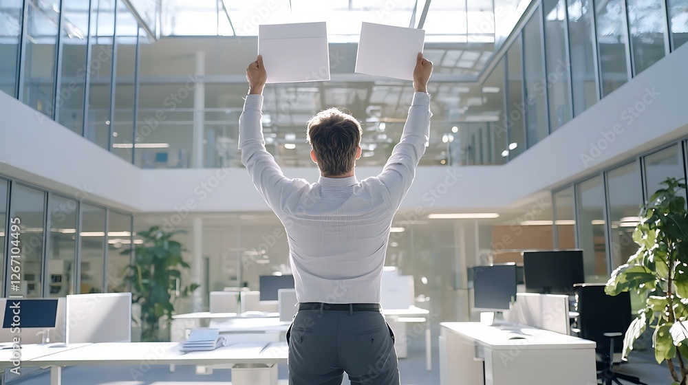 A man is standing in a large office with a white shirt
