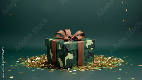 The concept of Defender of the Fatherland Day on February 23. Gift camouflage box with a festive satin ribbon bow on a dark green background. photo