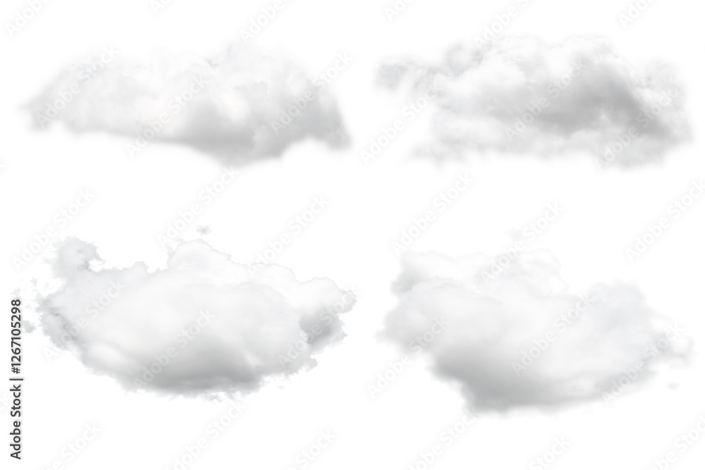 White clouds set on transparent sky, four white clouds in PNG isolated on transparent background