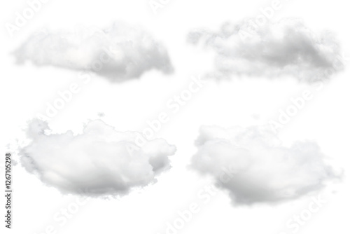 White clouds set on transparent sky, four white clouds in PNG isolated on transparent background
