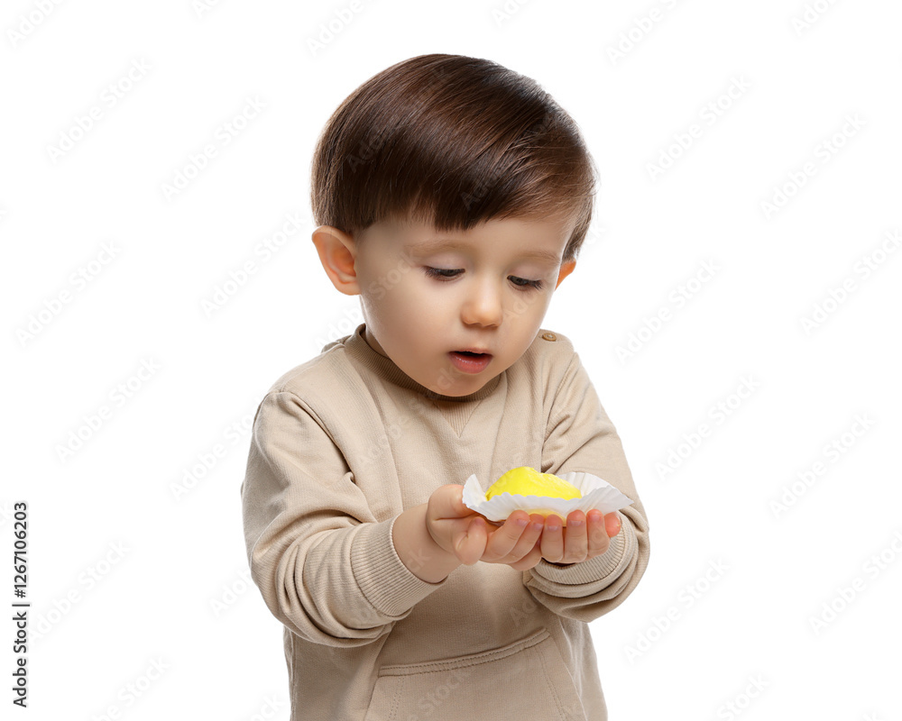 Cute little child with tasty mochi on white background Cute little child with tasty mochi on white background