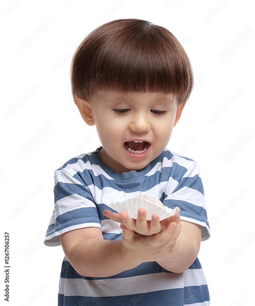 Cute little child with tasty mochi on white background Cute little child with tasty mochi on white background