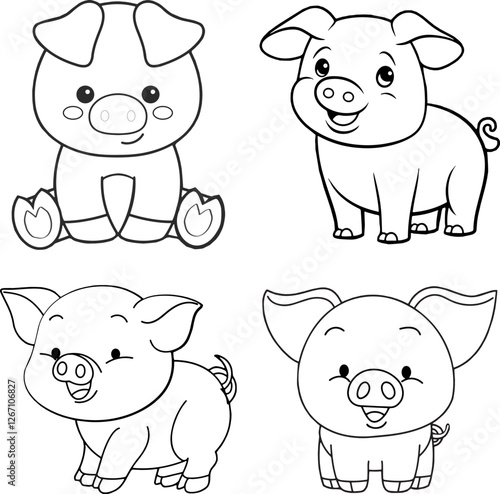 Cute pig vector outline drawing for coloring book and others.