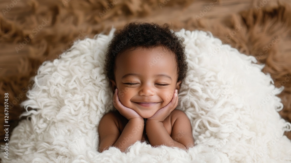 Happy baby in fluffy white nest, studio shot Happy baby in fluffy white nest, studio shot