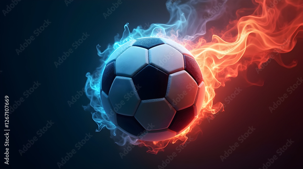 Fototapeta premium Flaming Soccer Ball Art: Hot Football Action with Blue and Red Fire Effects - Sports Graphic Design for Wallpaper, Posters, and Digital Art Projects