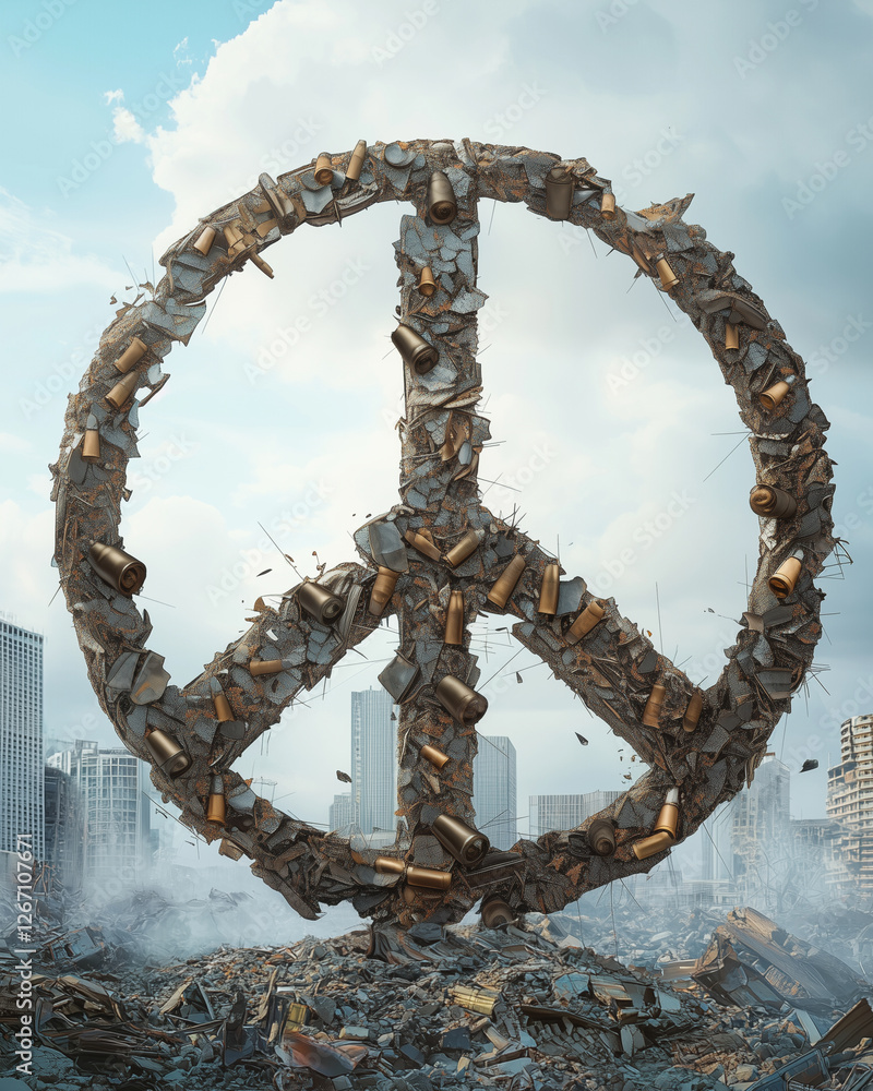 Fototapeta premium peace sign sculpture in wasteland with destroyed buildings post-apocalyptic city concept