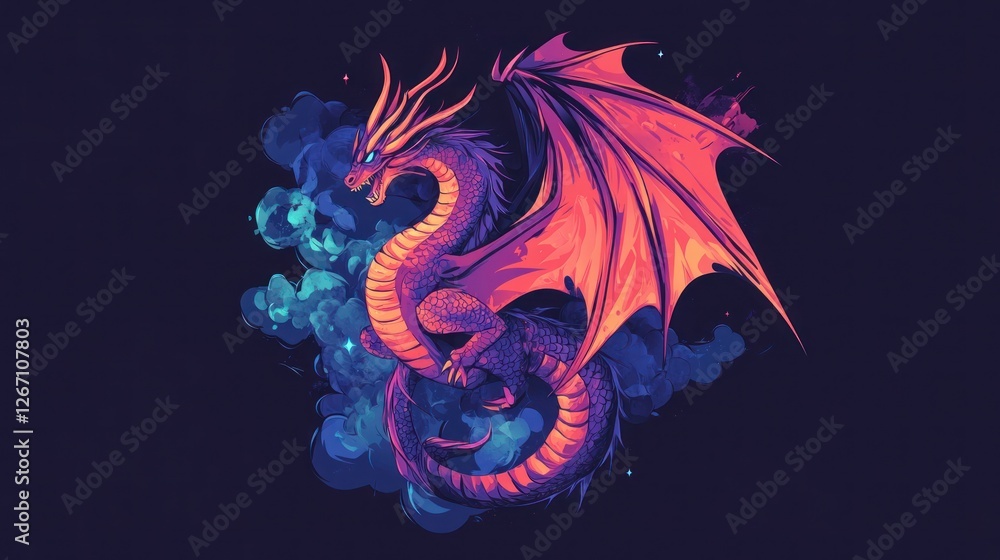 Obraz premium Majestic dragon, fantasy art, vibrant colors, smoky background, digital illustration