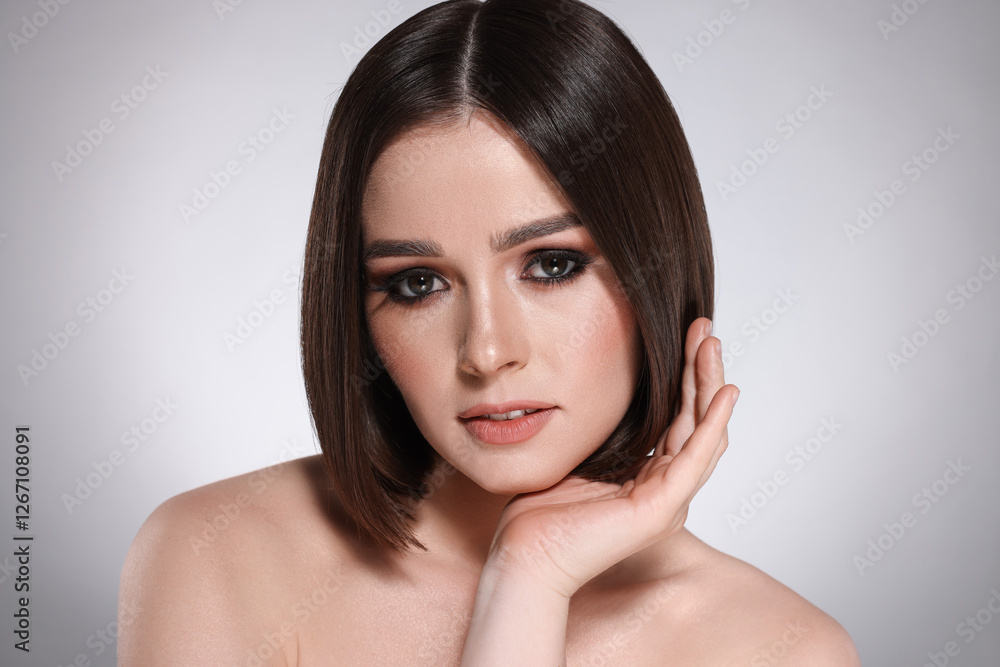 Portrait of beautiful young woman with gorgeous straight hair on light grey background Portrait of beautiful young woman with gorgeous straight hair on light grey background