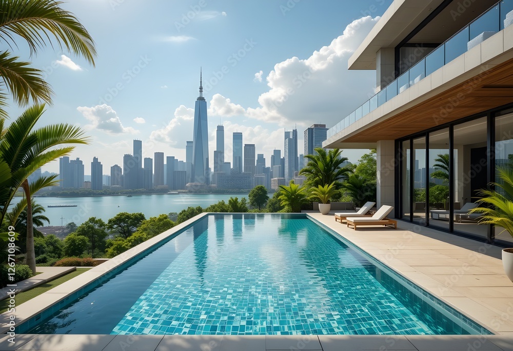 Fototapeta premium Luxury apartment with pool overlooking Dubai skyline