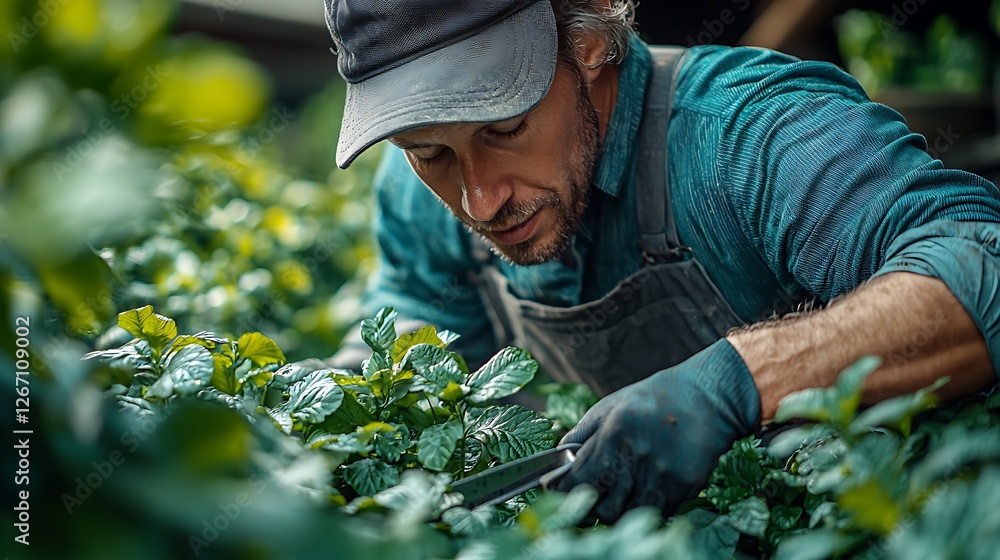 Gardener pruning plants in greenhouse, sunny day Gardener pruning plants in greenhouse, sunny day