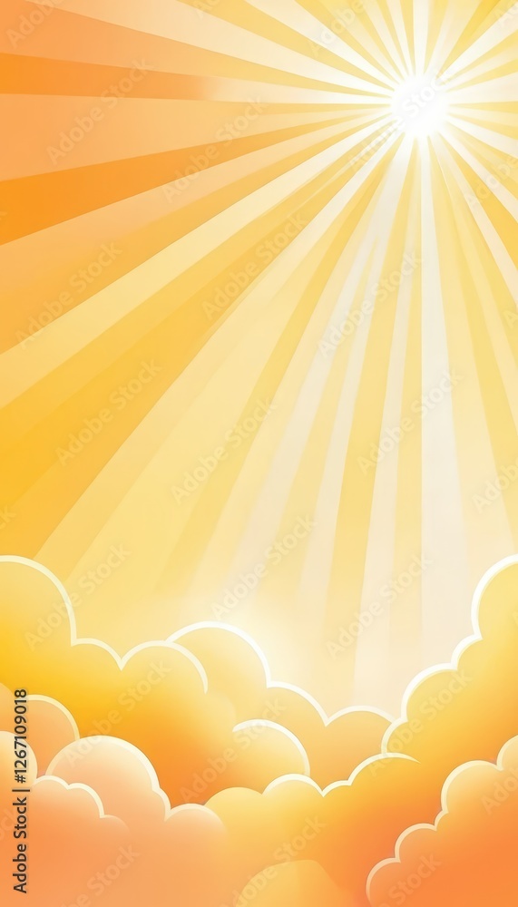A bright yellow sun radiating light through soft, flowing clouds, creating a cheerful, uplifting scene ideal for designs related to positivity, summer themes, or warm atmospheres. A bright yellow sun radiating light through soft, flowing clouds, creating a cheerful, uplifting scene ideal for designs related to positivity, summer themes, or warm atmospheres.