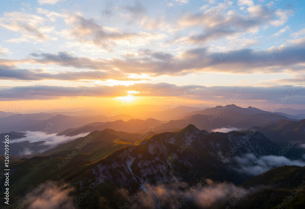 Ethereal Mountain Sunrise with Low-lying Clouds and Golden Light Ethereal Mountain Sunrise with Low-lying Clouds and Golden Light