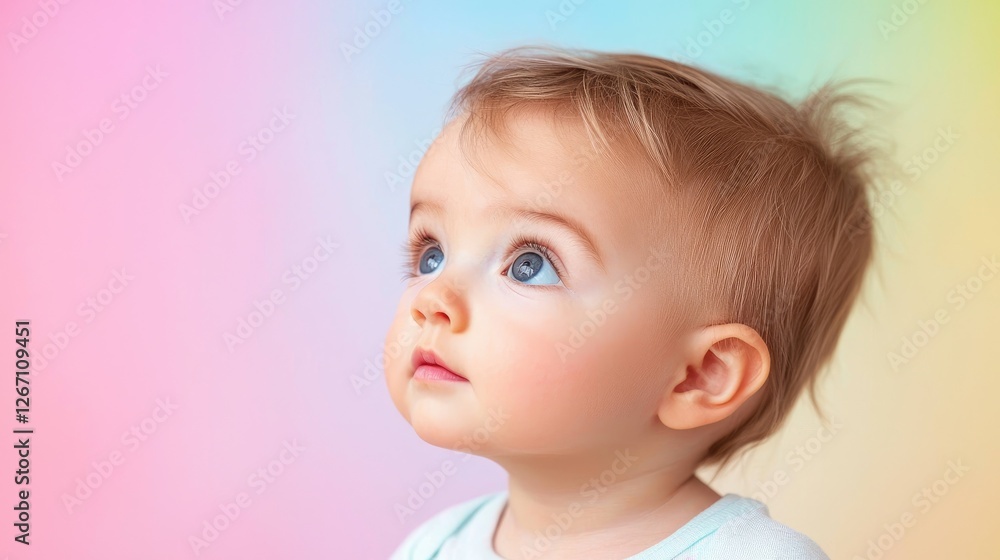 Baby girl looking up, pastel background, portrait, website banner Baby girl looking up, pastel background, portrait, website banner