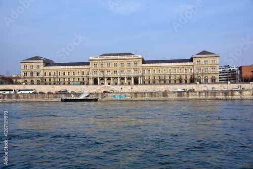 Budapest city, Hungarian capital - historical Korwin's University building near Danube river.