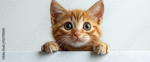 Ginger kitten peeking over white, studio background