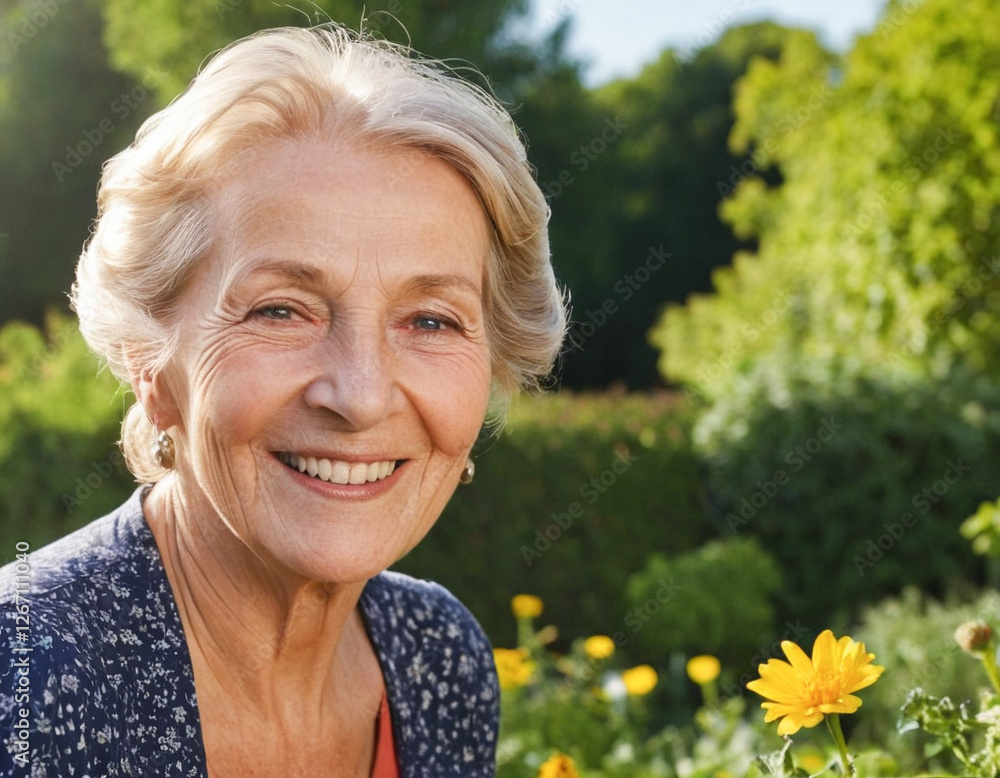 Lächelnde alte Dame im Garten bei schönem sonnigen Wetter Lächelnde alte Dame im Garten bei schönem sonnigen Wetter