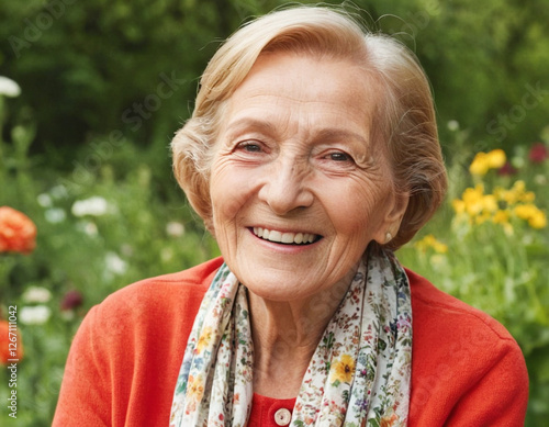 Lächelnde alte Dame im Garten bei schönem sonnigen Wetter