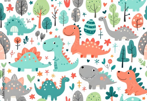 Playful Dinosaur Illustrations with Eggs and Trees in a Whimsical Cartoon Style
