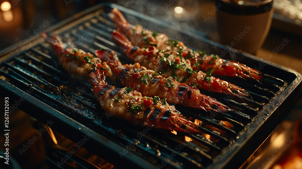 Grilled shrimp skewers sizzling over an open flame at a vibrant outdoor gathering under a starry night Grilled shrimp skewers sizzling over an open flame at a vibrant outdoor gathering under a starry night