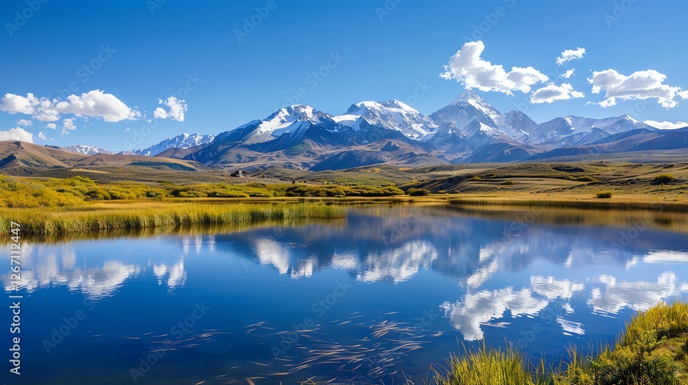 Obraz premium A serene mountain lake reflecting a clear blue sky and puffy clouds.
