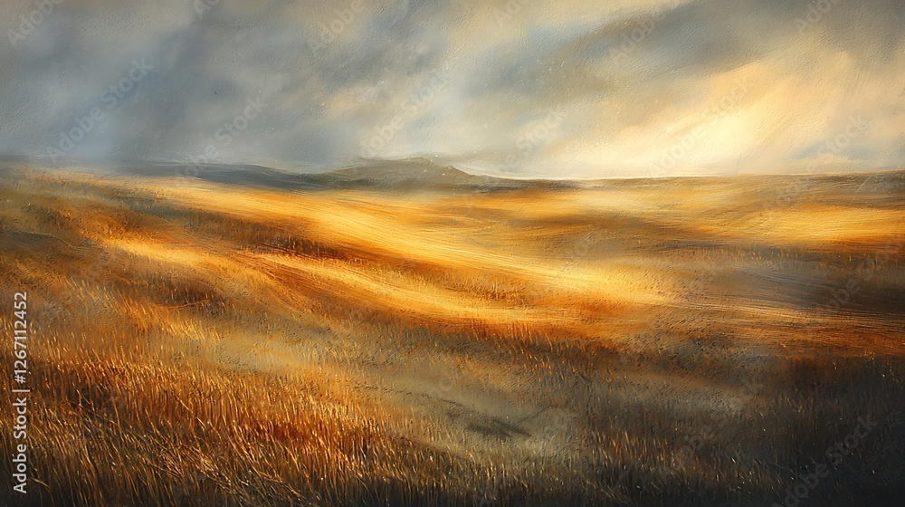 A painting of a field with a cloudy sky and a sun in the background