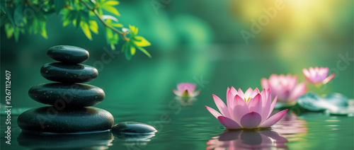 A peaceful pink lotus flowers floating on still water, accompanied by a zen stacked pile of smooth black stones. Ideal for spa promotions, yoga retreats, wellness branding, meditation guides, and more