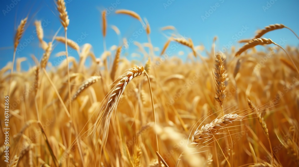 Golden wheat stalks in a field, with a blue sky in the background. Golden wheat stalks in a field, with a blue sky in the background.