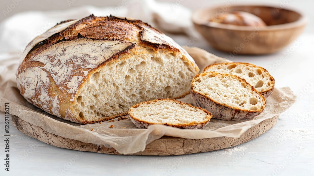 Freshly baked artisan bread loaf slices on a wooden board Freshly baked artisan bread loaf slices on a wooden board
