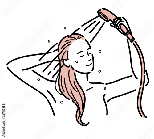 シャワーを浴びている綺麗な女性の上半身のイラスト