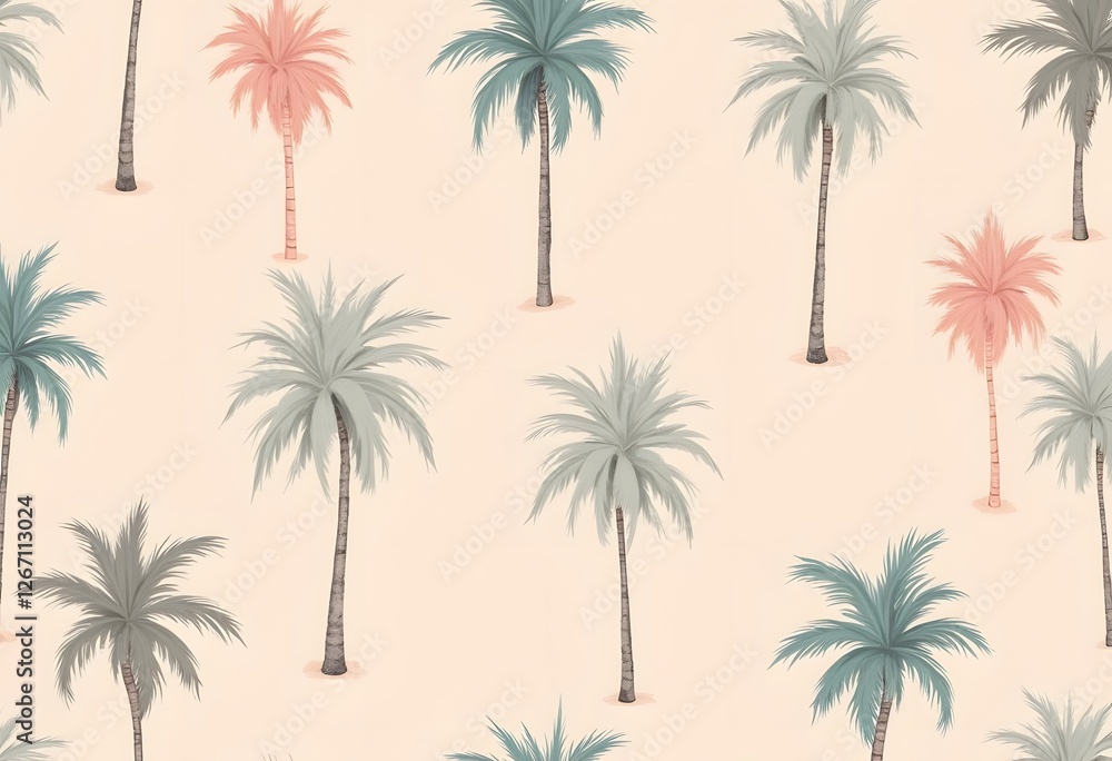 Seamless Pastel Tropical Palm Tree Pattern on a Cream Background Seamless Pastel Tropical Palm Tree Pattern on a Cream Background