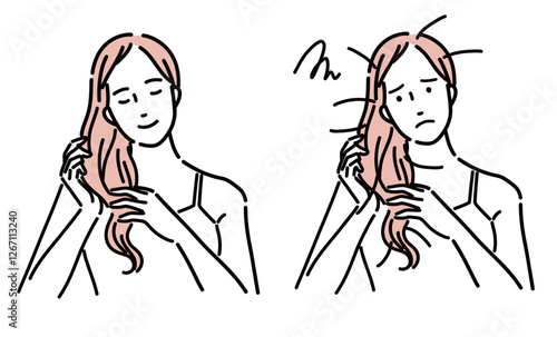 ヘアケアに一喜一憂する綺麗な女性のイラスト