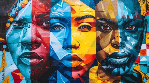 A colorful mural of four faces on a brick wall.