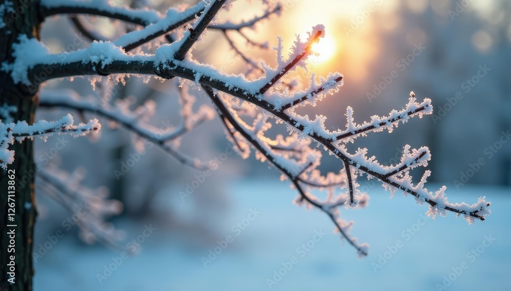 Tree branches are heavy with frost in a cold winter morning, nature, branch Tree branches are heavy with frost in a cold winter morning, nature, branch