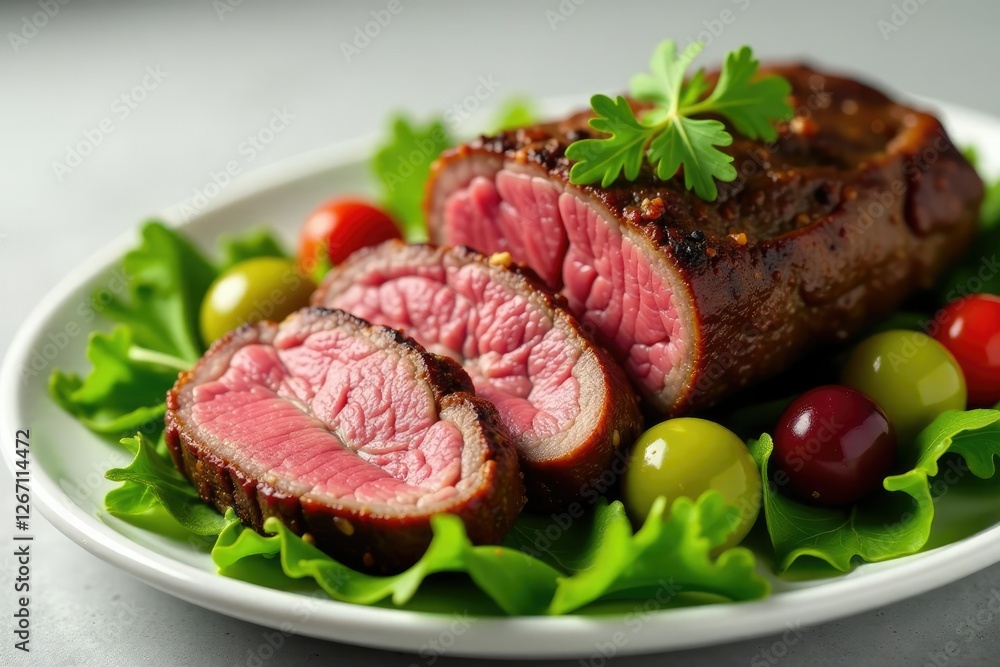Thinly sliced roast beef on a bed of fresh greens, roasted beef, mixed greens Thinly sliced roast beef on a bed of fresh greens, roasted beef, mixed greens