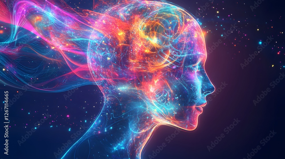 Abstract Mind: An ethereal, otherworldly silhouette of a human head, composed of swirling, vibrant colors and cosmic particles. Abstract Mind: An ethereal, otherworldly silhouette of a human head, composed of swirling, vibrant colors and cosmic particles.