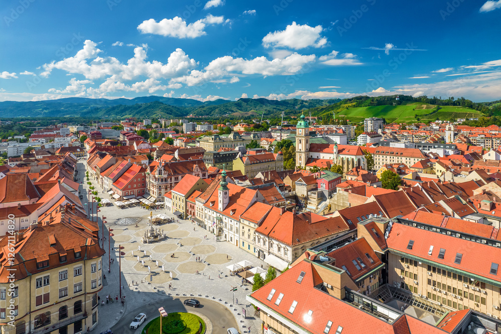 Maribor cityscape aerial view at sunny day, Slovenia