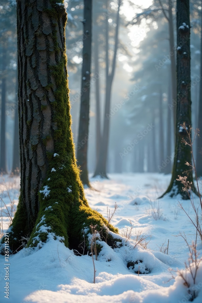 Naklejka premium Taiga forest with moss and lichen on tree trunks in winter, cold, peaceful, nature