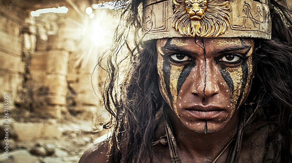 A woman with gold face paint and a headdress stands in front of a wall