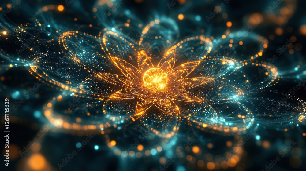 Fototapeta premium A conceptual glowing atom surrounded by intricate wave patterns, scientific and vibrant 