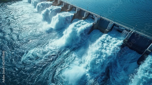 Aerial View of Upscale Industrial Dam with Cascading Water Flowing into River